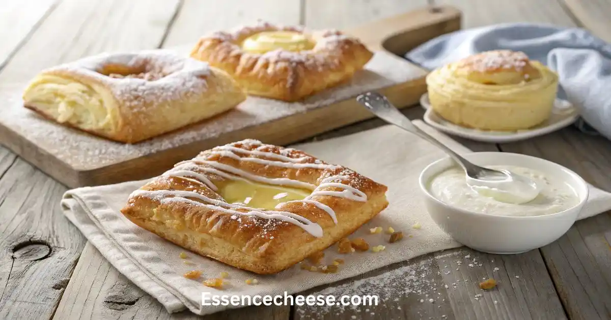 Three types of homemade cream cheese danishes on a rustic wooden table with creamy filling and glaze