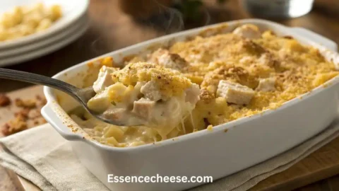 Creamy baked mac and cheese chicken topped with golden breadcrumbs in a white casserole dish.
