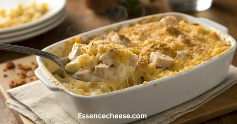 Creamy baked mac and cheese chicken topped with golden breadcrumbs in a white casserole dish.