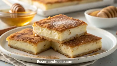 Three thick bars from a Sopapilla Cheesecake recipe on a white plate, topped with cinnamon sugar, with honey in the background.
