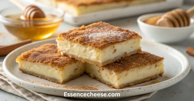 Three thick bars from a Sopapilla Cheesecake recipe on a white plate, topped with cinnamon sugar, with honey in the background.