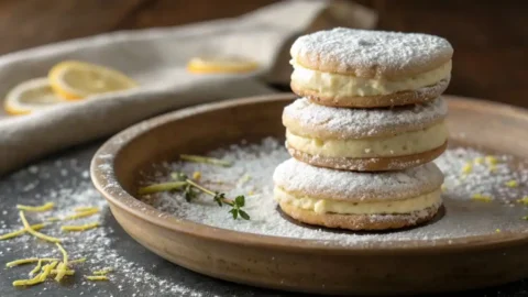 Stack of soft cheesecake cookies filled with creamy lemon cheesecake filling on a ceramic plate dusted with powdered sugar
