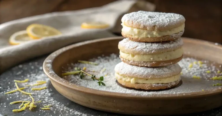 Stack of soft cheesecake cookies filled with creamy lemon cheesecake filling on a ceramic plate dusted with powdered sugar