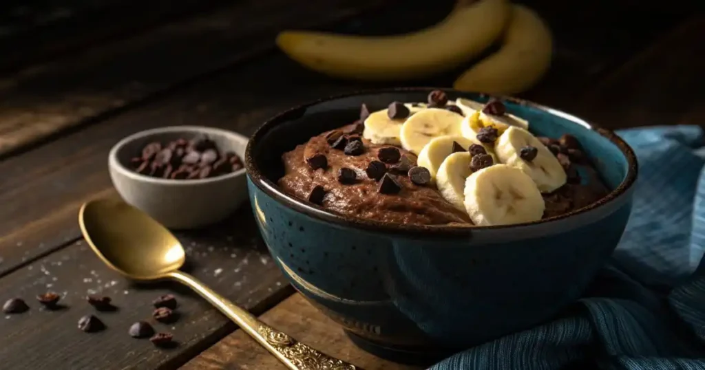Chocolate banana pudding topped with sliced bananas and dark chocolate chips in a ceramic bowl