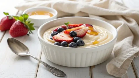 Creamy cottage cheese pudding topped with fresh strawberries, blueberries, and a drizzle of honey in a white ramekin