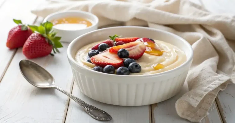 Creamy cottage cheese pudding topped with fresh strawberries, blueberries, and a drizzle of honey in a white ramekin