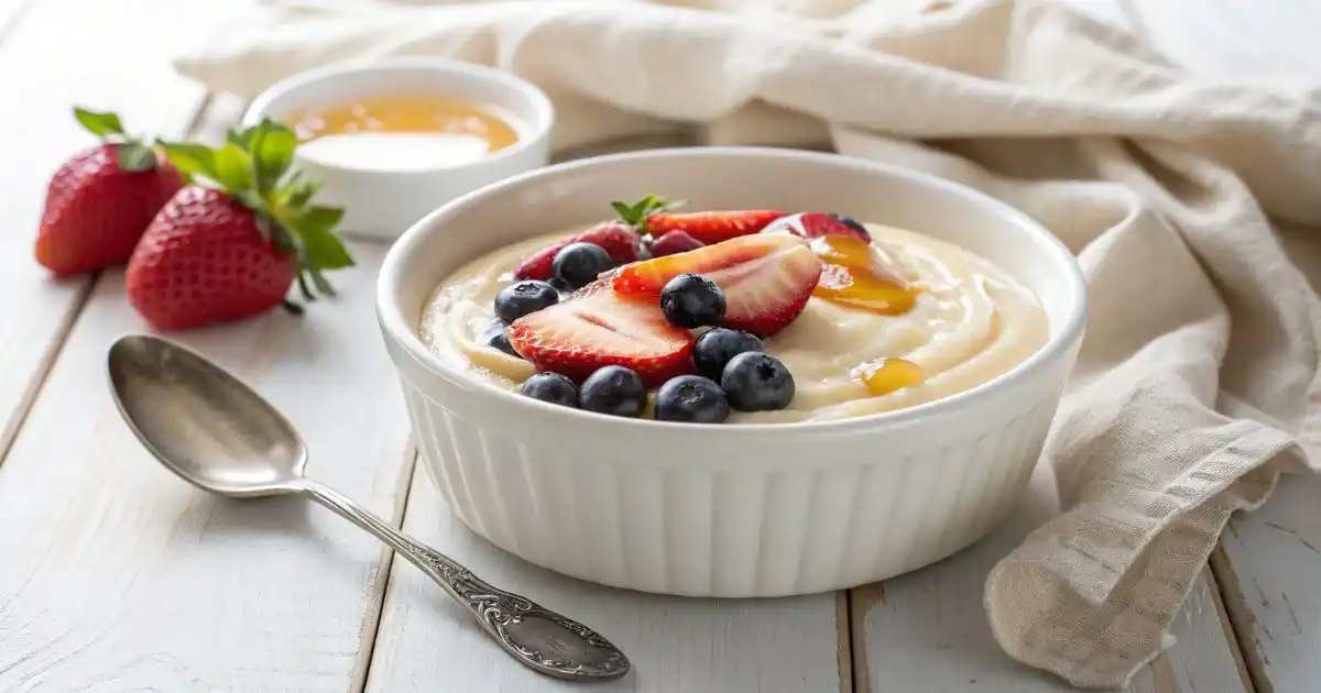 Creamy cottage cheese pudding topped with fresh strawberries, blueberries, and a drizzle of honey in a white ramekin