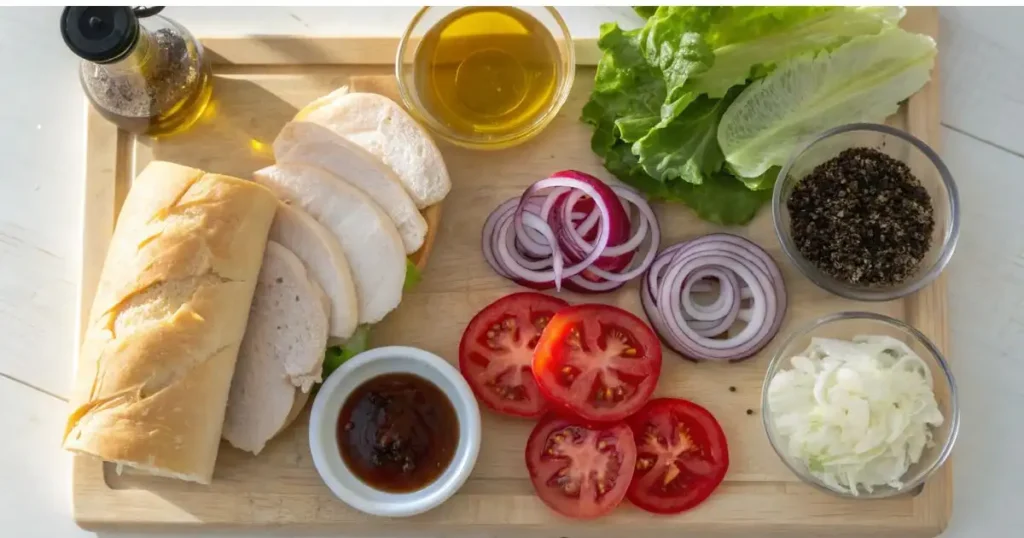 Ingredients for a turkey cheese sandwich arranged on a wooden board, including sliced turkey, tomatoes, onions, lettuce, spices, and bread.