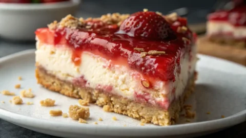 A close-up slice of strawberry crunch cheesecake with creamy layers, strawberry topping, and a crunchy cookie crust on a white plate.