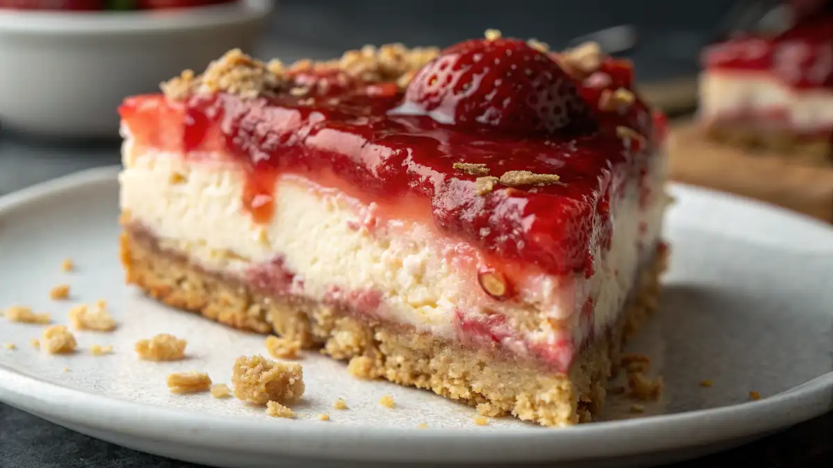A close-up slice of strawberry crunch cheesecake with creamy layers, strawberry topping, and a crunchy cookie crust on a white plate.