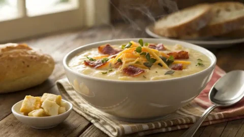 Close up of creamy cheese potato soup topped with crispy veal, shredded cheddar, and fresh herbs, served with crusty bread on a wooden table.