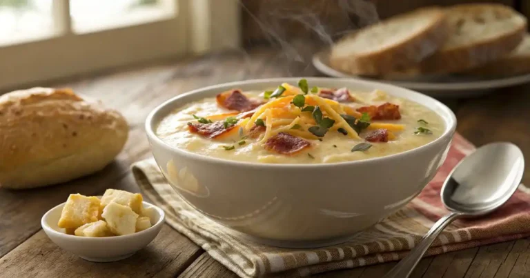 Close up of creamy cheese potato soup topped with crispy veal, shredded cheddar, and fresh herbs, served with crusty bread on a wooden table.