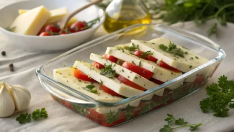 Stacked slices of marinated cheese with red peppers and fresh herbs in a glass dish on a light table