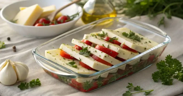 Stacked slices of marinated cheese with red peppers and fresh herbs in a glass dish on a light table