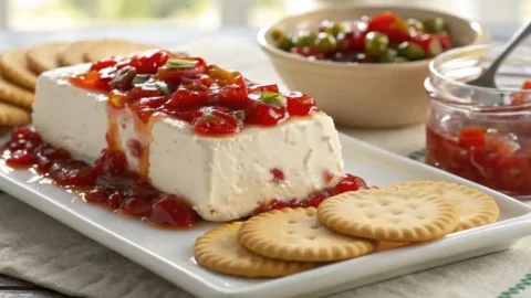 Pepper jelly cheese dip made with cream cheese topped with red pepper jelly, served with round crackers on a white plate.