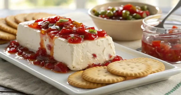 Pepper jelly cheese dip made with cream cheese topped with red pepper jelly, served with round crackers on a white plate.