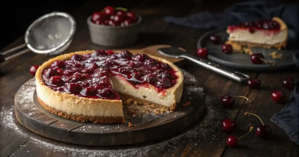 Classic baked cherry cheesecake on a rustic wooden board with glossy dark cherry topping, golden graham cracker crust, and one slice removed to show dense creamy filling
