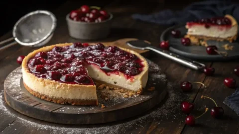 Classic baked cherry cheesecake on a rustic wooden board with glossy dark cherry topping, golden graham cracker crust, and one slice removed to show dense creamy filling