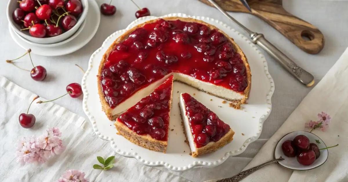 Cherry cheesecake recipe with glossy red cherry topping and golden graham cracker crust, two slices cut and served on a white cake stand