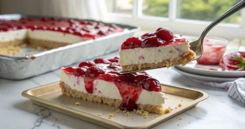 No-bake cherry cheesecake slice being lifted from a baking pan showing light fluffy cream filling, glossy red cherry topping, and golden graham cracker crust on a marble countertop