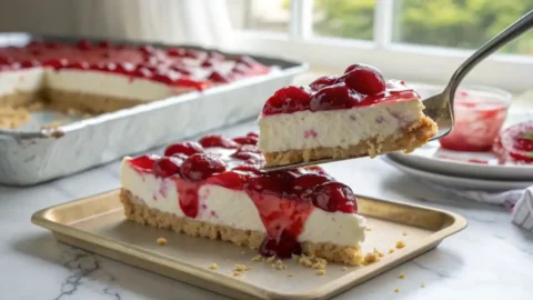 No-bake cherry cheesecake slice being lifted from a baking pan showing light fluffy cream filling, glossy red cherry topping, and golden graham cracker crust on a marble countertop