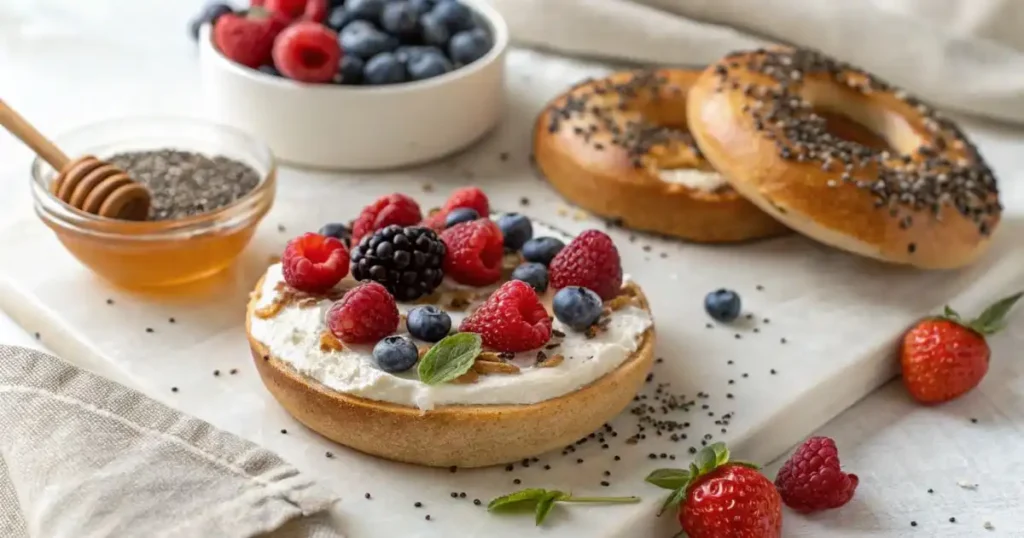 Bagels and cream cheese topped with fresh raspberries, blueberries, blackberries, honey, and chia seeds on a white marble board