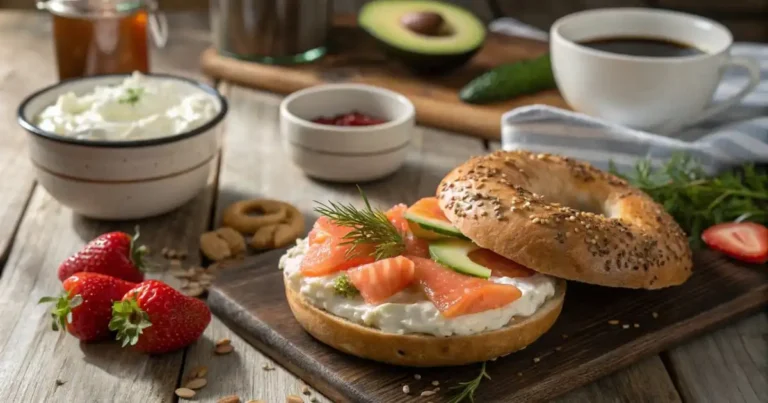 Bagels and cream cheese with smoked salmon on a rustic wooden board with strawberries and coffee