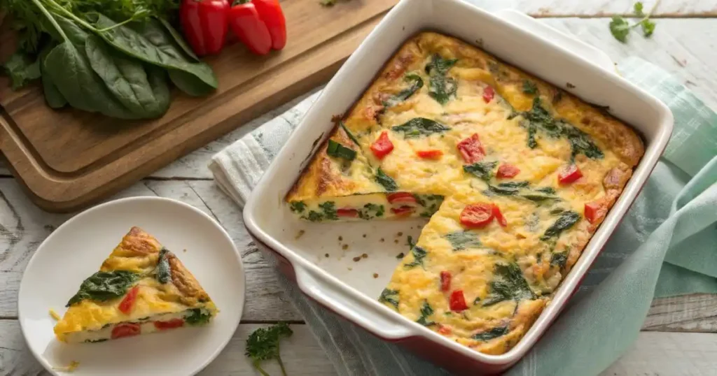 Sliced cottage cheese egg bake in a white and red ceramic dish with spinach and red bell peppers, one portion served on a white plate beside fresh vegetables on a rustic wood surface.