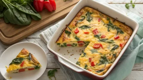 Sliced cottage cheese egg bake in a white and red ceramic dish with spinach and red bell peppers, one portion served on a white plate beside fresh vegetables on a rustic wood surface.