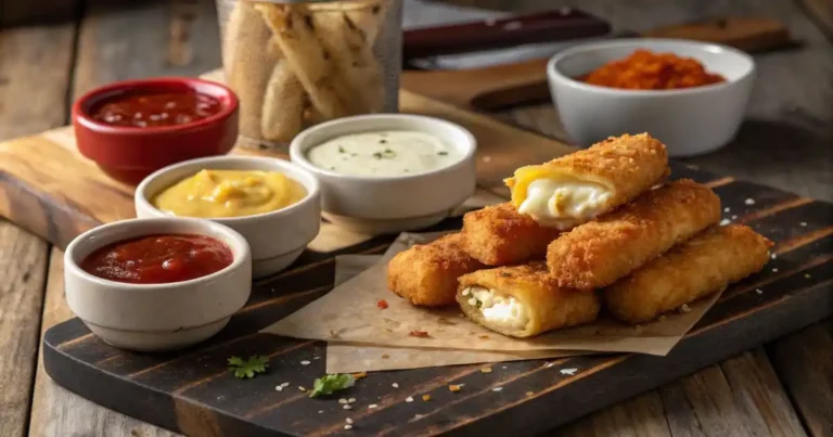 Crispy fried cheese sticks surrounded by homemade dipping sauces for cheese sticks, including marinara, ranch, and cheddar dip