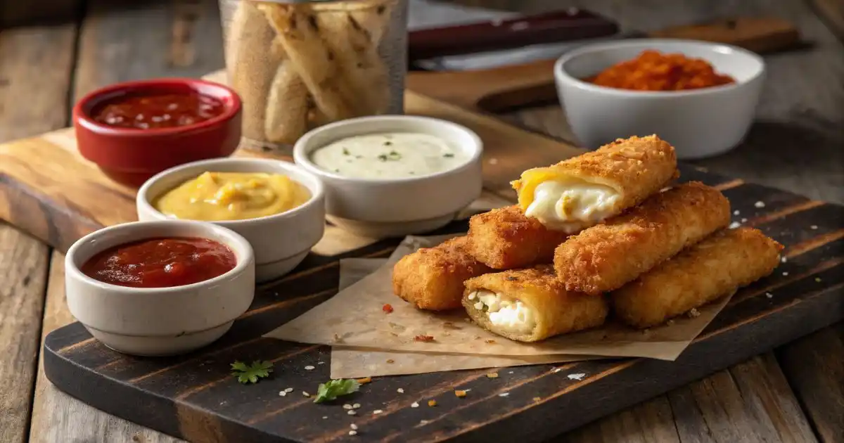 Crispy fried cheese sticks surrounded by homemade dipping sauces for cheese sticks, including marinara, ranch, and cheddar dip