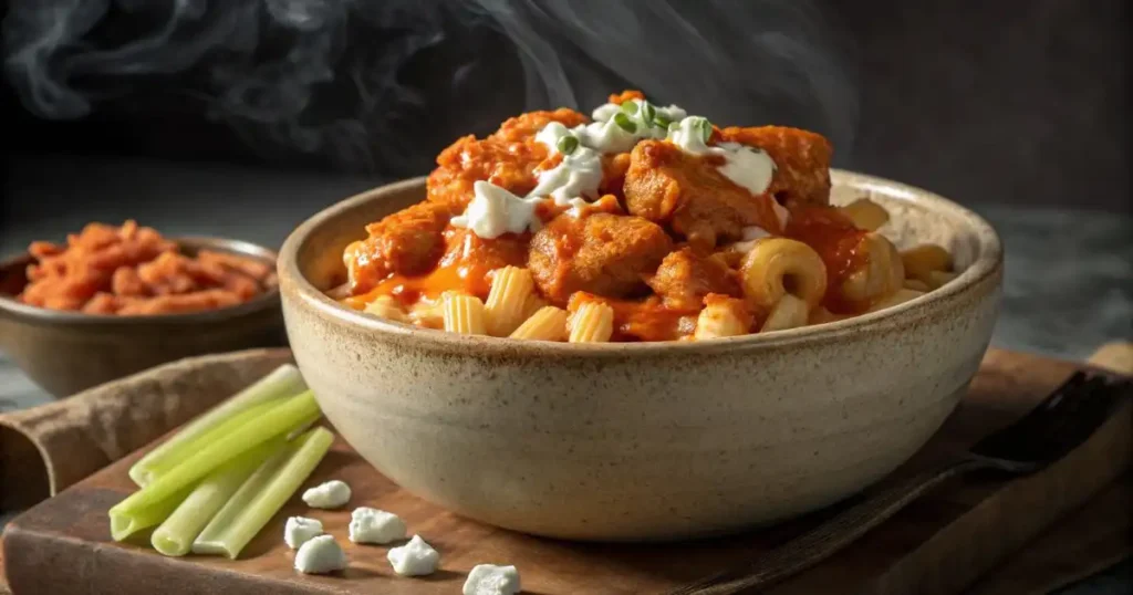 Buffalo chicken mac and cheese in a rustic ceramic bowl with spicy orange sauce,
crispy chicken pieces, ranch drizzle, crumbled blue cheese, and celery sticks on a wooden board
