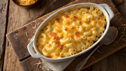Copycat Cracker Barrel mac and cheese baked in a white ceramic casserole dish with golden bubbling cheese crust, served on a rustic wood board