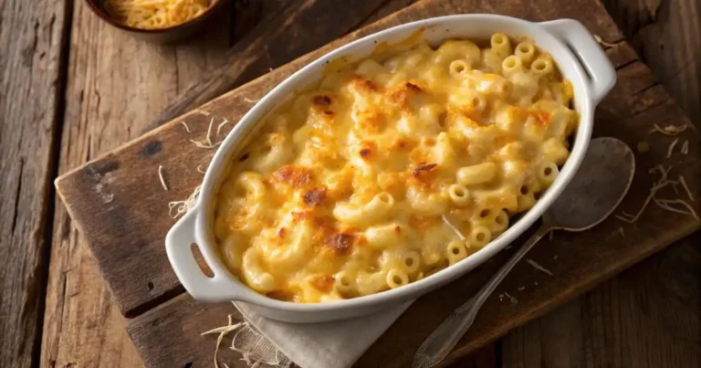 Copycat Cracker Barrel mac and cheese baked in a white ceramic casserole dish with golden bubbling cheese crust, served on a rustic wood board