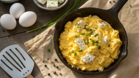 Fluffy scrambled cottage cheese eggs in a cast iron skillet garnished with chives and black pepper — easy high-protein breakfast recipe.