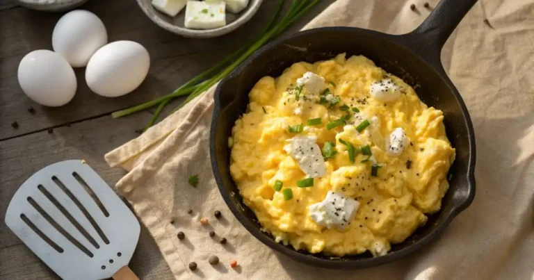 Fluffy scrambled cottage cheese eggs in a cast iron skillet garnished with chives and black pepper — easy high-protein breakfast recipe.
