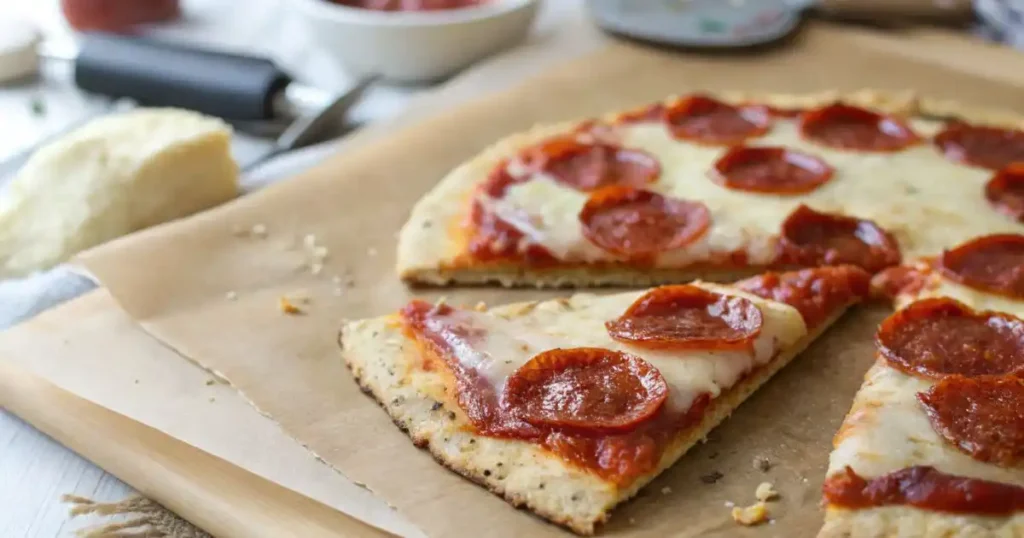 A sliced low-carb cottage cheese pizza crust topped with melted mozzarella and pepperoni on parchment paper.