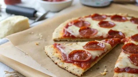 A sliced low-carb cottage cheese pizza crust topped with melted mozzarella and pepperoni on parchment paper.