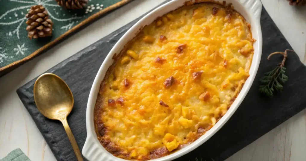 Baked cream cheese corn casserole in a white oval dish with
a golden-brown cheddar crust, styled on a holiday table.