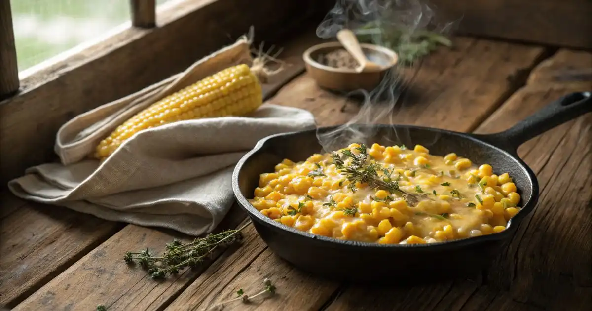 Cream cheese corn in a cast iron skillet with fresh thyme, steaming on a rustic wooden table beside a fresh corn cob.