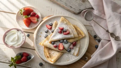 Golden crepes folded into triangles topped with fresh strawberries, blueberries, and powdered sugar, served on a white plate with a bowl of sweet cream cheese filling on a rustic white wooden table