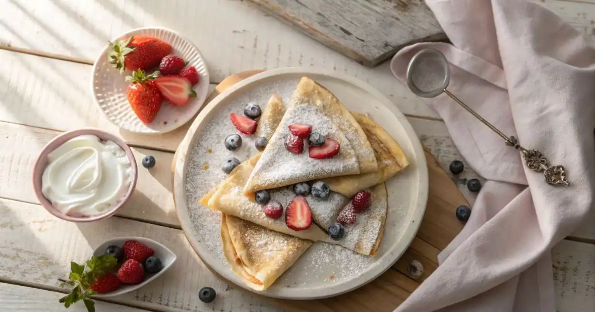 Golden crepes folded into triangles topped with fresh strawberries, blueberries, and powdered sugar, served on a white plate with a bowl of sweet cream cheese filling on a rustic white wooden table