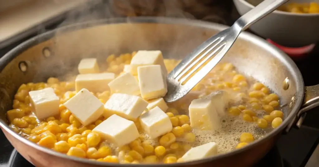 Full-fat cream cheese cubes melting into golden corn kernels
in a copper skillet on the stovetop, stirred with a fork.
