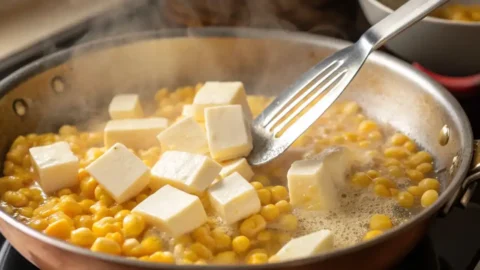 Full-fat cream cheese cubes melting into golden corn kernels in a copper skillet on the stovetop, stirred with a fork.