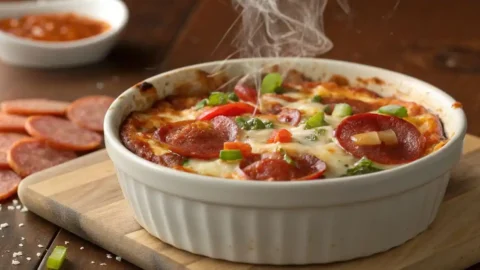 Cheesy crustless pizza bowl with melted mozzarella, pepperoni, and fresh vegetables in a white ramekin
