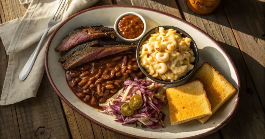 A rustic Southern BBQ plate featuring a bowl of creamy macaroni and cheese served with smoked brisket, baked beans, tangy purple coleslaw, and toasted bread