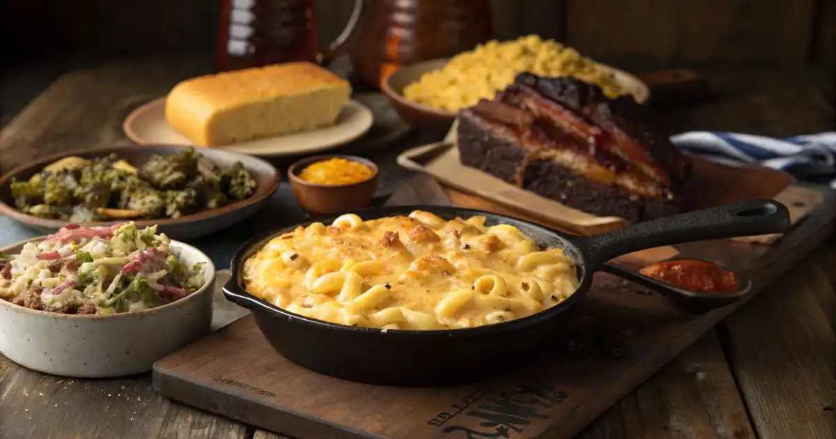 What to serve with mac and cheese — cast iron skillet of baked mac surrounded by smoked ribs, roasted broccoli, coleslaw, and cornbread