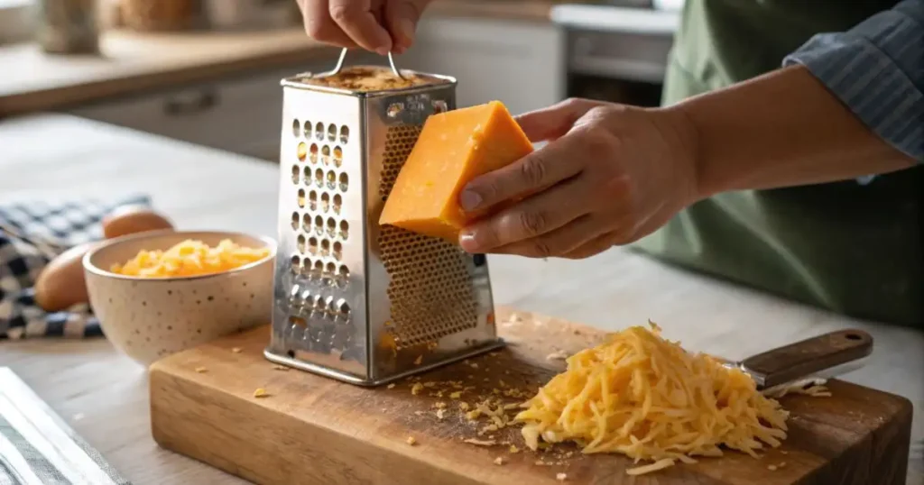 Hands grating a block of Colby cheese on a stainless steel box grater over a wooden cutting board for homemade mac and cheese sauce
