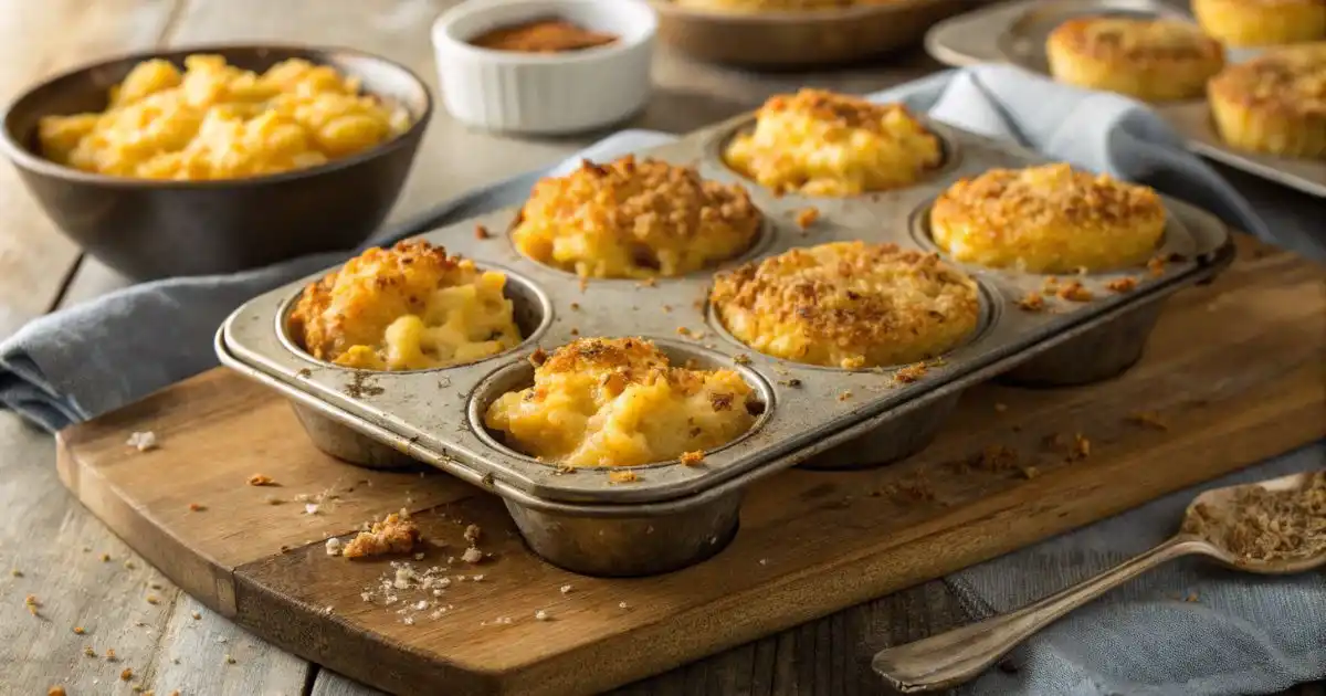Crispy baked mac and cheese bites with a golden Panko breadcrumb crust, resting in a metal muffin tin on a rustic wooden board