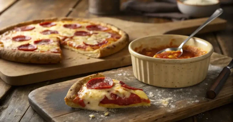 A slice of high-protein cottage cheese pizza with melted cheese and pepperoni resting on a wooden board next to a crustless pizza bowl in a ceramic dish.
